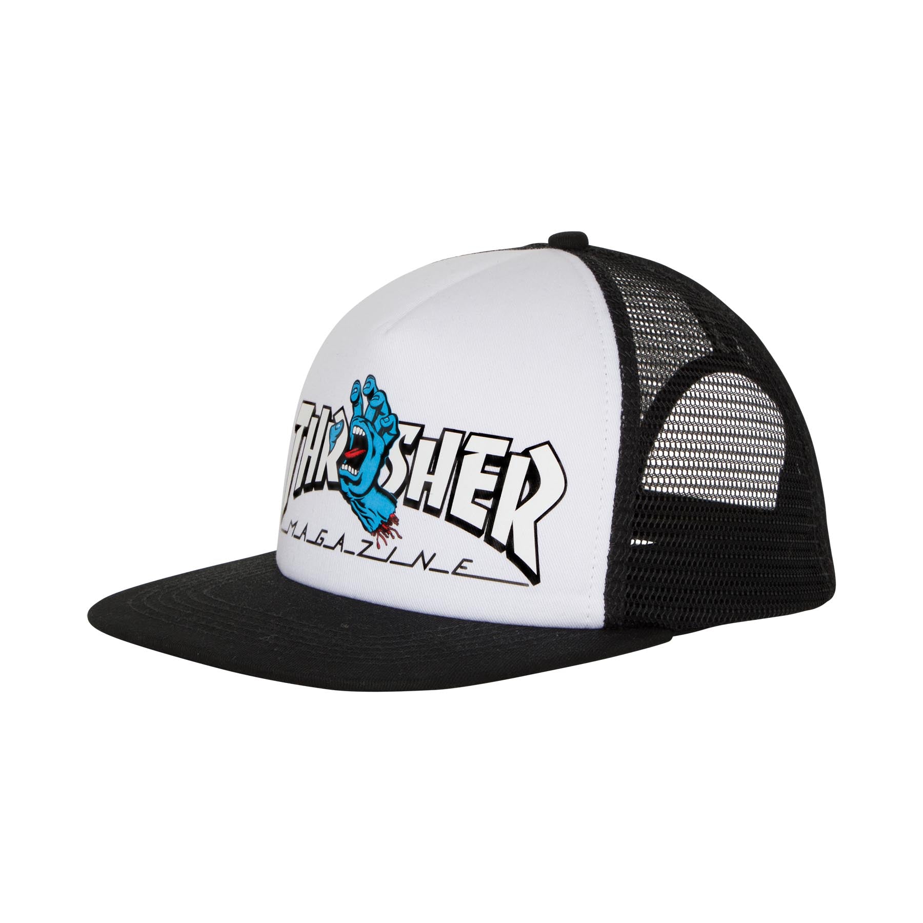 Santa Cruz x Thrasher Screaming Logo Mesh Trucker High Profile Hat Wht/Blk OS Unisex - Invisible Board Shop