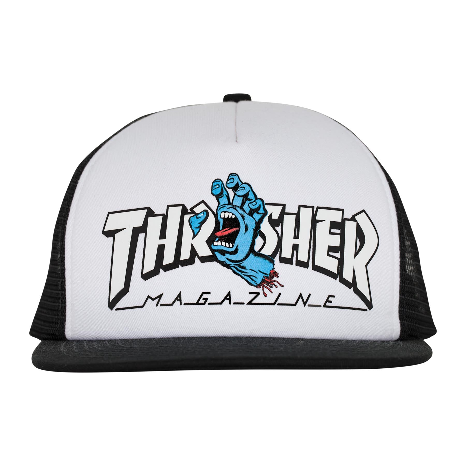 Santa Cruz x Thrasher Screaming Logo Mesh Trucker High Profile Hat Wht/Blk OS Unisex - Invisible Board Shop